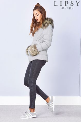 Lipsy Silver Faux Fur Trim Puffer